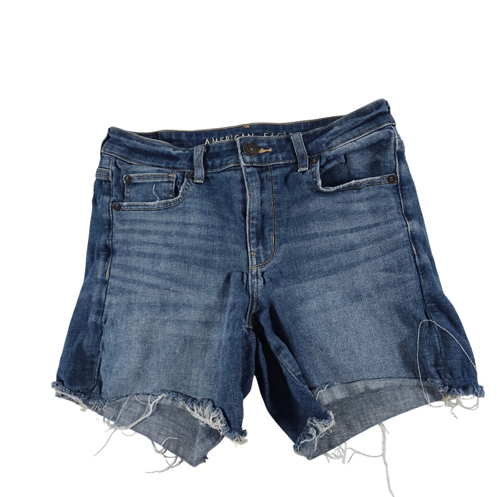 American Eagle Midi Denim Shorts Medium Wash Next Level Stretch Raw Hem Size 8